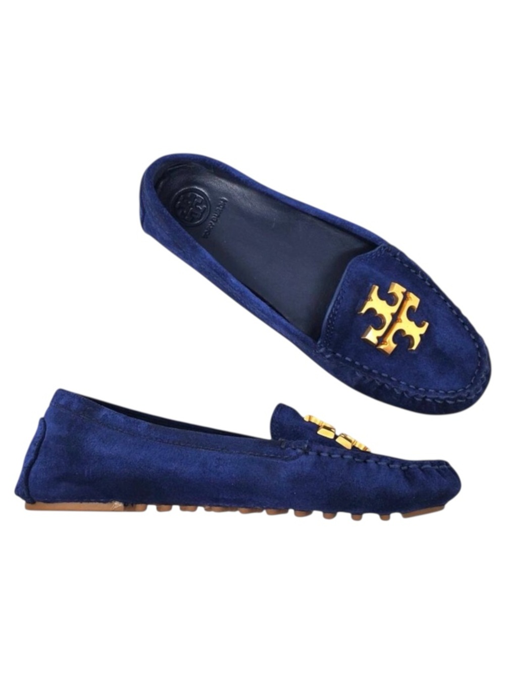 Tory Burch Everly Driver Loafers Nat Suede Royal Navy Rolled Brass 83642 Size 6